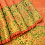 Coral Orange & Gold Meenakari Floral Kanjivaram Silk Saree