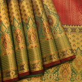 Crimson Red & Teal Meenakari Kanjivaram Silk Saree With Gold Border