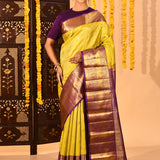 Golden Marigold And Royal Purple Butti Tissue Kanjivaram Saree