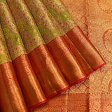 Antique Gold Meenakari Kanjivaram Silk Saree With Green Red Jaal And Crimson Border