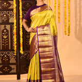 Golden Marigold And Royal Purple Butti Tissue Kanjivaram Saree