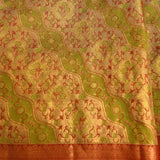 Antique Gold Meenakari Kanjivaram Silk Saree With Green Red Jaal And Crimson Border