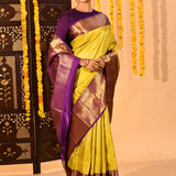 Golden Marigold And Royal Purple Butti Tissue Kanjivaram Saree
