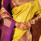 Golden Marigold And Royal Purple Butti Tissue Kanjivaram Saree