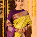 Golden Marigold And Royal Purple Butti Tissue Kanjivaram Saree