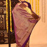 Golden Marigold And Royal Purple Butti Tissue Kanjivaram Saree