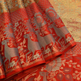 Orange & Teal Meenakari Kanjivaram Silk Saree With Crimson Peacock Border