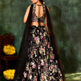 Black Net Embroidered Floral Bridal Lehenga Set
