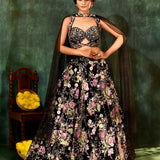 Black Net Embroidered Floral Bridal Lehenga Set