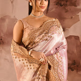 Metallic Soft Pink Scalloped Border Embroidery Saree