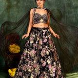Black Net Embroidered Floral Bridal Lehenga Set