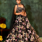 Black Net Embroidered Floral Bridal Lehenga Set