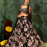 Black Net Embroidered Floral Bridal Lehenga Set