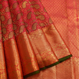 Hot Pink & Gold Zari Kanjivaram Silk Saree With Olive Green Picot Edge