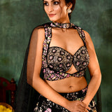 Black Net Embroidered Floral Bridal Lehenga Set