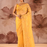 Yellow Floral Embroidery Saree With Scalloped Border