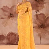 Yellow Floral Embroidery Saree With Scalloped Border
