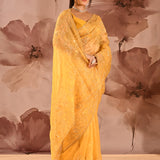 Yellow Floral Embroidery Saree With Scalloped Border