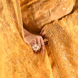 Yellow Floral Embroidery Saree With Scalloped Border