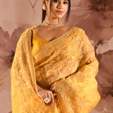 Yellow Floral Embroidery Saree With Scalloped Border