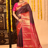 Wine With Gold Geometric Stripes Kanjivaram Silk Saree