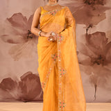 Marigold Yellow With Floral Stone Embellished Border Organza Saree