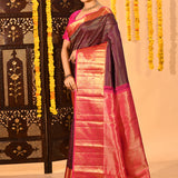 Wine With Gold Geometric Stripes Kanjivaram Silk Saree