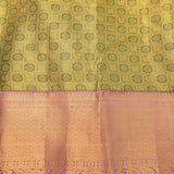Olive Green And Pink Kanjivaram Silk Saree With Gold Zari Contrast Border And Peacock Weave