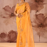 Marigold Yellow With Floral Stone Embellished Border Organza Saree