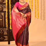 Wine With Gold Geometric Stripes Kanjivaram Silk Saree