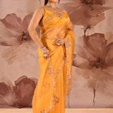 Marigold Yellow With Floral Stone Embellished Border Organza Saree