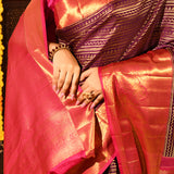 Wine With Gold Geometric Stripes Kanjivaram Silk Saree