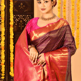 Wine With Gold Geometric Stripes Kanjivaram Silk Saree