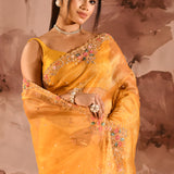 Marigold Yellow With Floral Stone Embellished Border Organza Saree