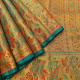 Golden Tissue Kanjivaram Silk Saree With Multicolour Zari Floral Jaal Weave And Teal Border