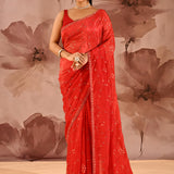Vibrant Red With Sequin Floral Vine Border Satin Silk Saree