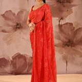 Vibrant Red With Sequin Floral Vine Border Satin Silk Saree