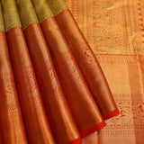 Olive Green And Red Kanjivaram Silk Saree With Gold Zari Floral Jaal And Contrast Border