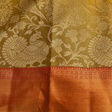Olive Green And Red Kanjivaram Silk Saree With Gold Zari Floral Jaal And Contrast Border
