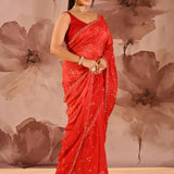 Vibrant Red With Sequin Floral Vine Border Satin Silk Saree