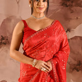 Vibrant Red With Sequin Floral Vine Border Satin Silk Saree