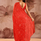 Vibrant Red With Sequin Floral Vine Border Satin Silk Saree