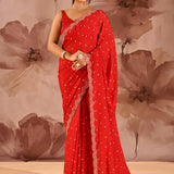 Classic Red With Scalloped Stone Embellished Border Satin Silk Saree
