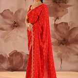 Classic Red With Scalloped Stone Embellished Border Satin Silk Saree