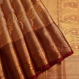 Peach Gold Kanjivaram Silk Saree With Silver Gold Zari Floral Butti And Maroon Contrast Border