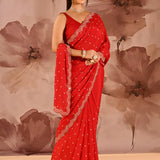 Classic Red With Scalloped Stone Embellished Border Satin Silk Saree