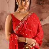 Classic Red With Scalloped Stone Embellished Border Satin Silk Saree