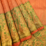 Coral Orange Kanjivaram Silk Saree With Gold Zari Contrast Border And Multicolour Floral Parrot Weave