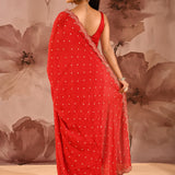 Classic Red With Scalloped Stone Embellished Border Satin Silk Saree