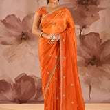 Rust Orange With Sequin Tassel Motif Border Satin Silk Saree